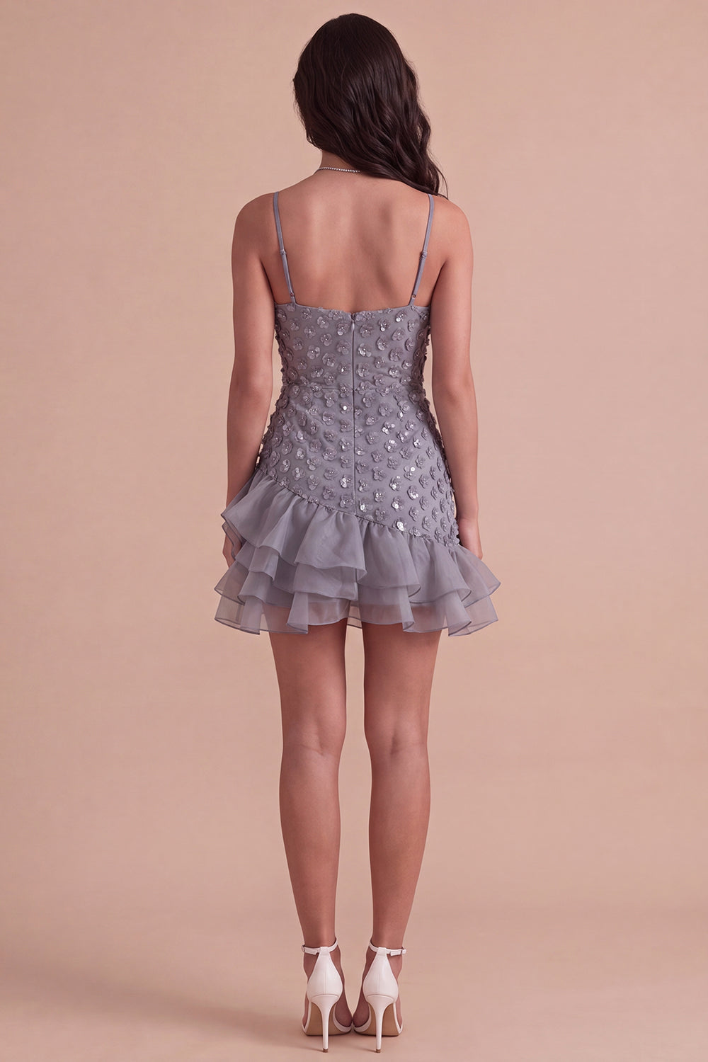 Sparkly Dusty Lavender Ruffled Sequin Floral Short Homecoming Dress