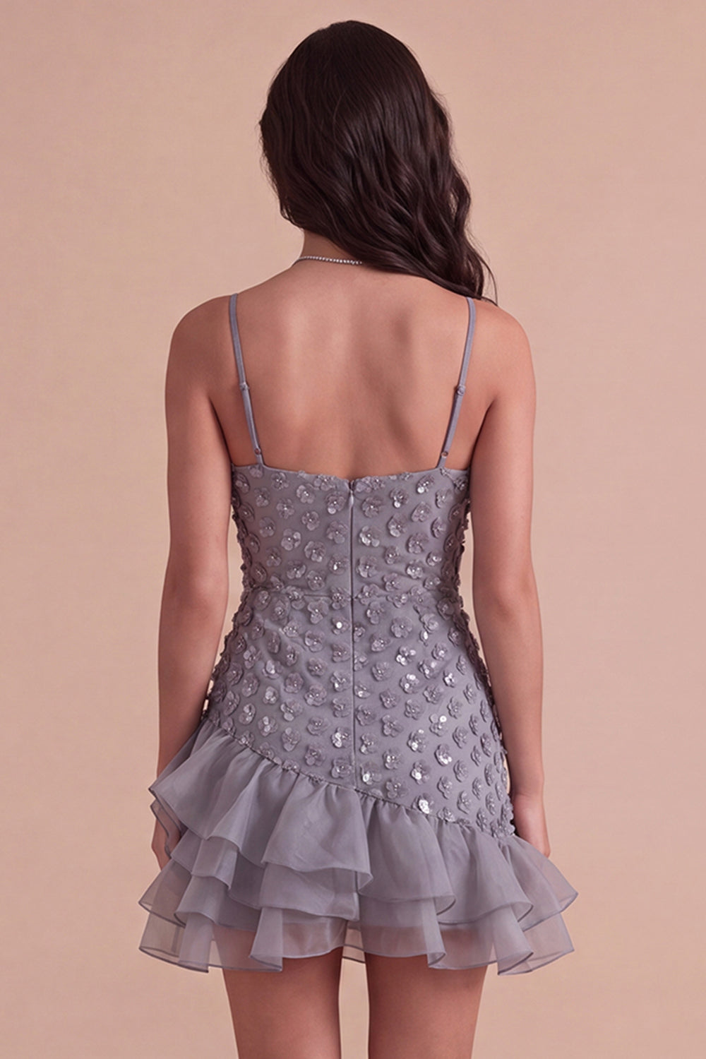 Sparkly Dusty Lavender Ruffled Sequin Floral Short Homecoming Dress