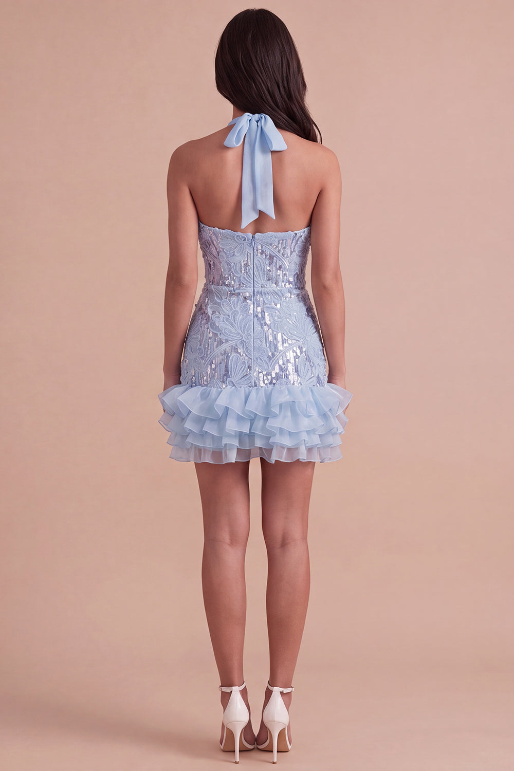 Sparkly Floral Sky Blue Halter Ruffled Short Homecoming Dress