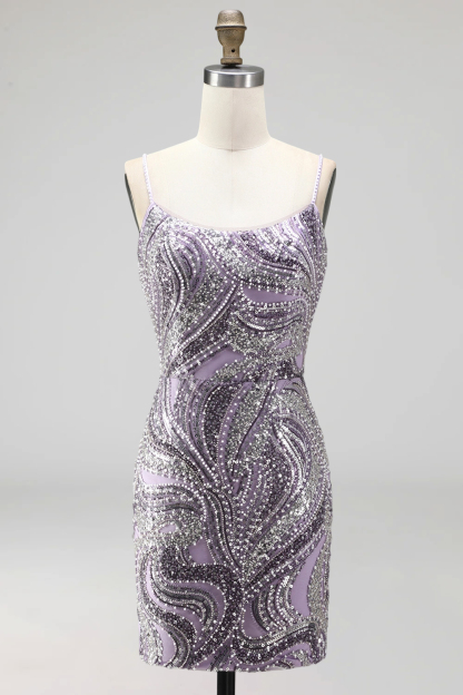 Spaghetti Straps Floral Bodycon Short Lilac Homecoming Dress