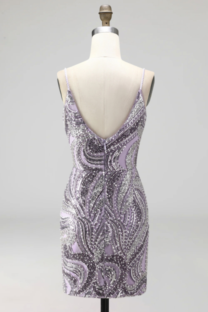 Spaghetti Straps Floral Bodycon Short Lilac Homecoming Dress