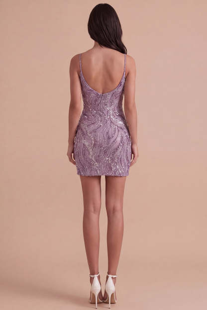 Spaghetti Straps Floral Bodycon Short Lilac Homecoming Dress