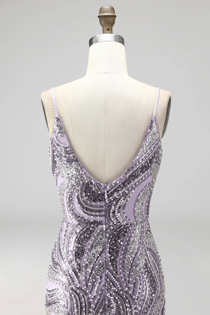 Spaghetti Straps Floral Bodycon Short Lilac Homecoming Dress