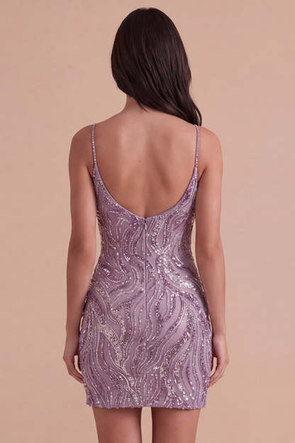 Spaghetti Straps Floral Bodycon Short Lilac Homecoming Dress