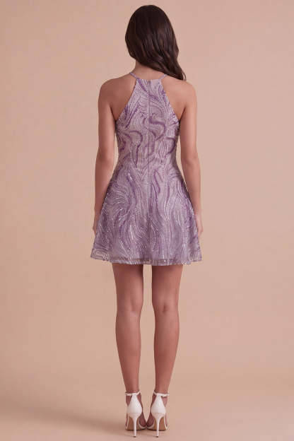 Lilac Floral A Line Halter Neck Short Homecoming Dress