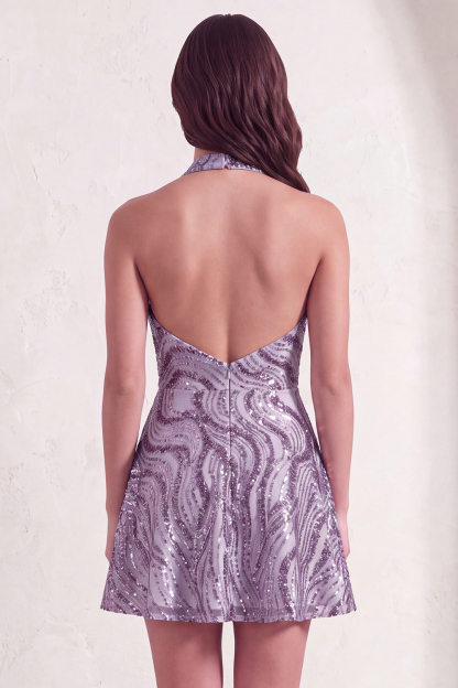 Floral Lilac Sparkly Halter Neck A Line Short Homecoming Dress