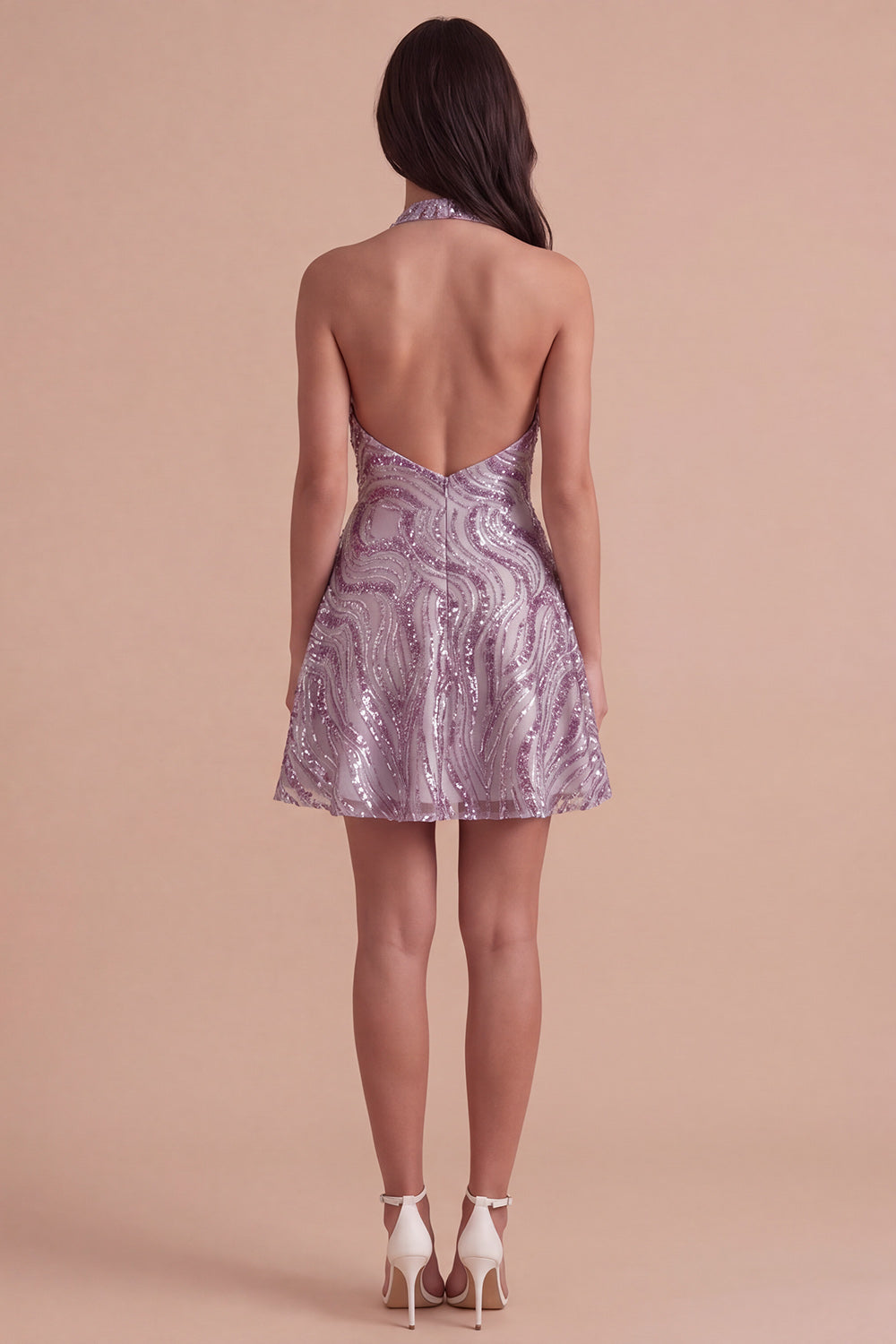Floral Lilac Sparkly Halter Neck A Line Short Homecoming Dress