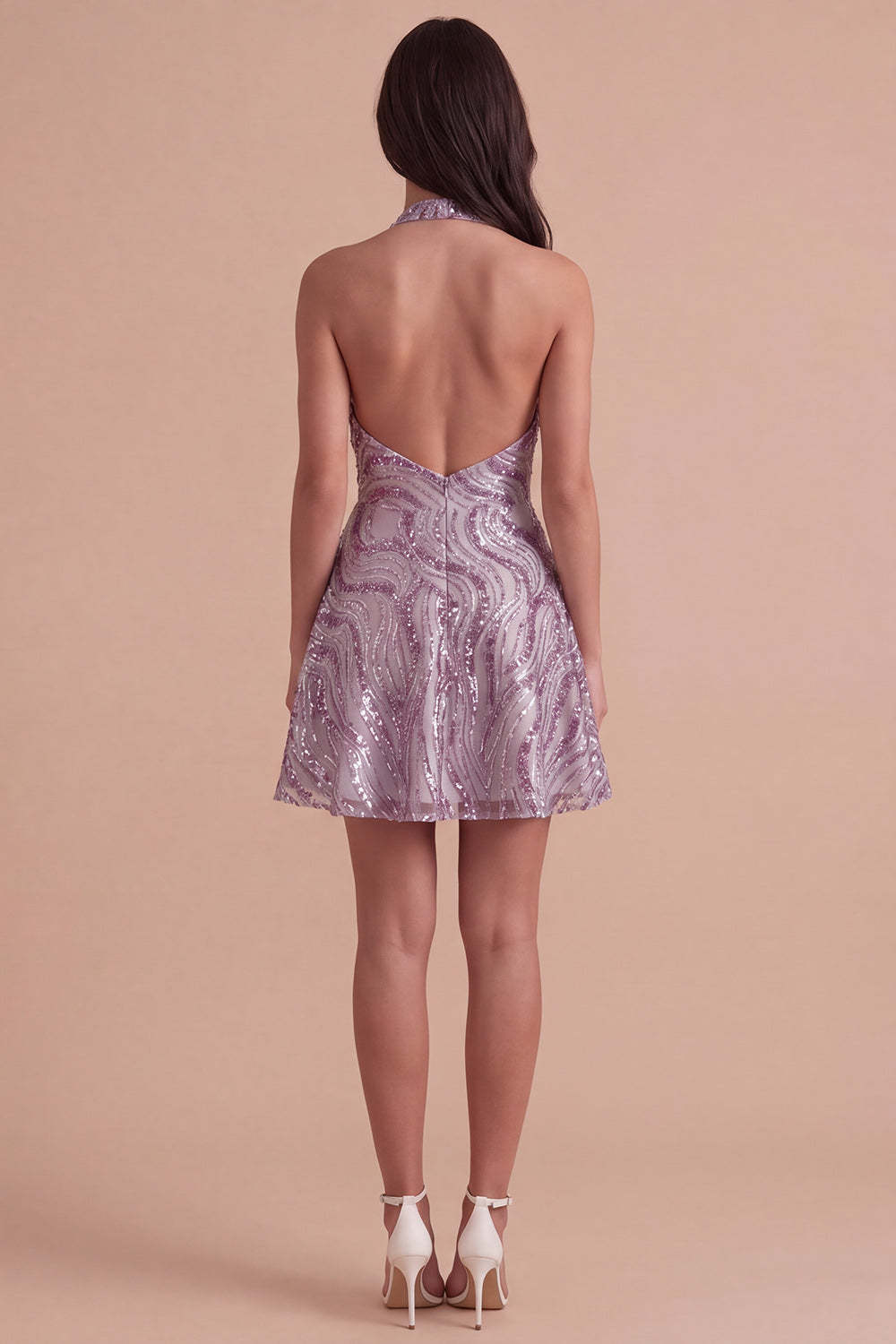 Floral Lilac Sparkly Halter Neck A Line Short Homecoming Dress