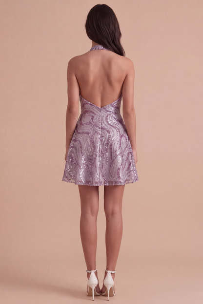 Floral Lilac Sparkly Halter Neck A Line Short Homecoming Dress