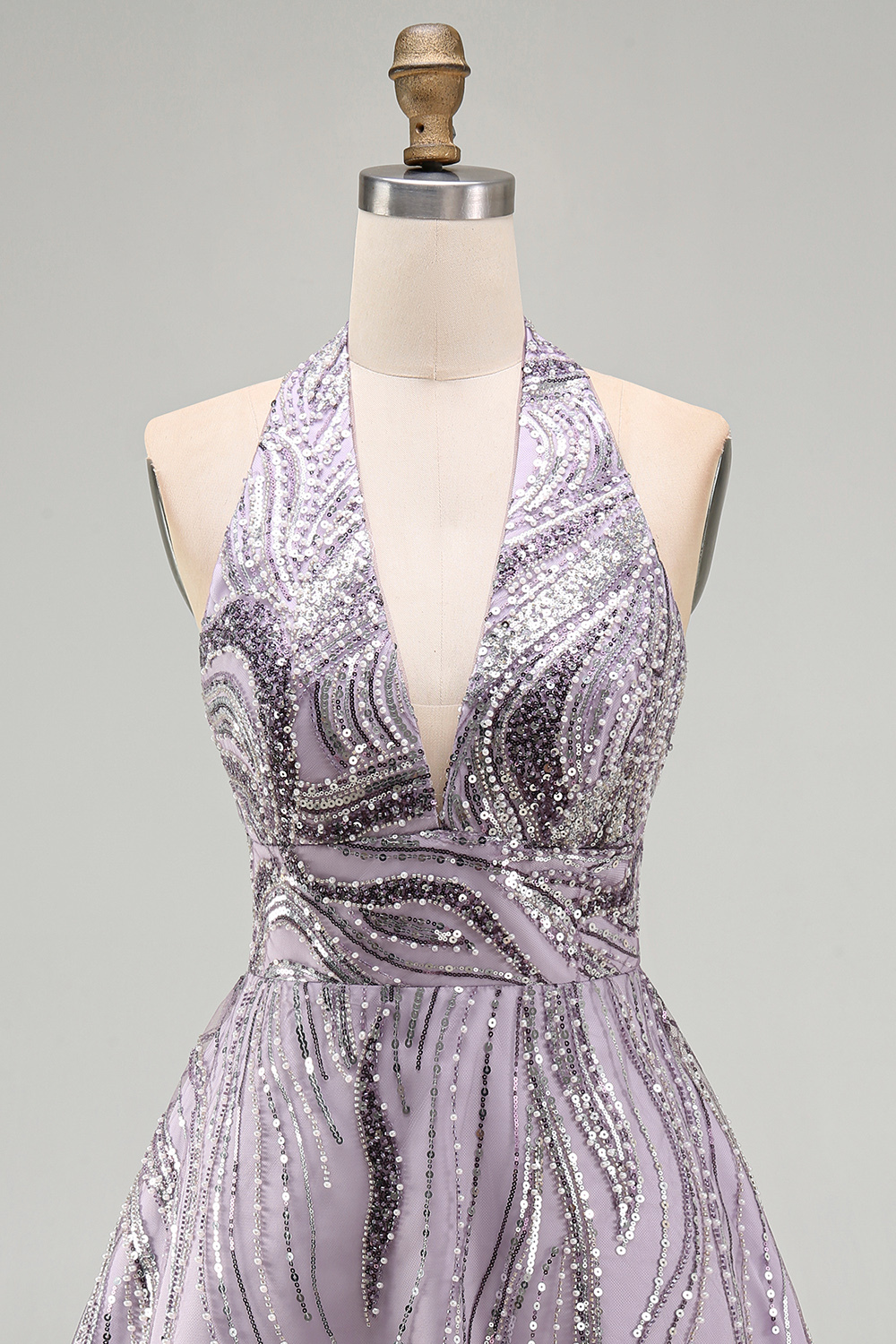 Floral Lilac Sparkly Halter Neck A Line Short Homecoming Dress