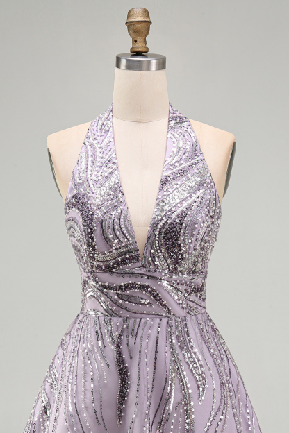 Floral Lilac Sparkly Halter Neck A Line Short Homecoming Dress