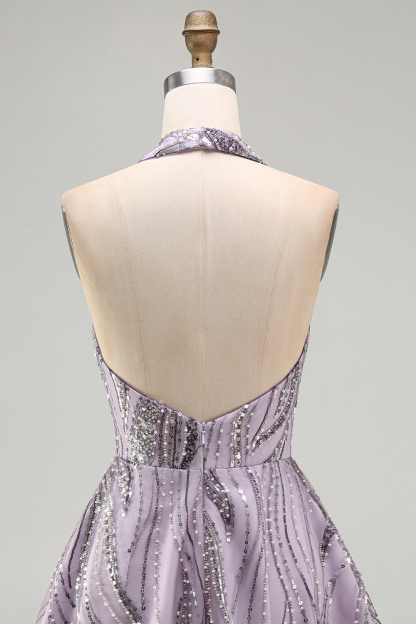 Floral Lilac Sparkly Halter Neck A Line Short Homecoming Dress