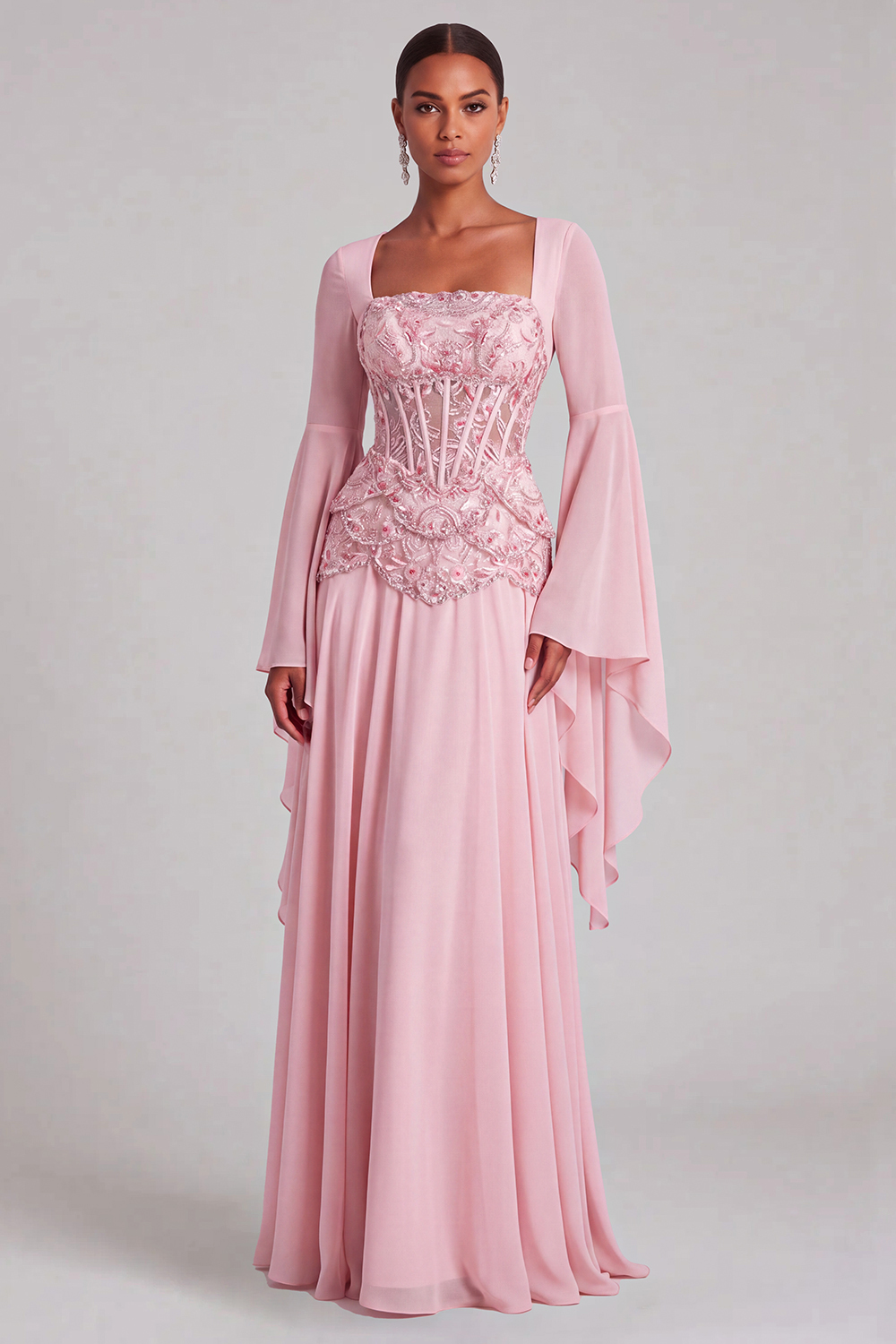 Light Pink Chiffon Square Neck A-Line Floral Long Formal Dress with Sleeves