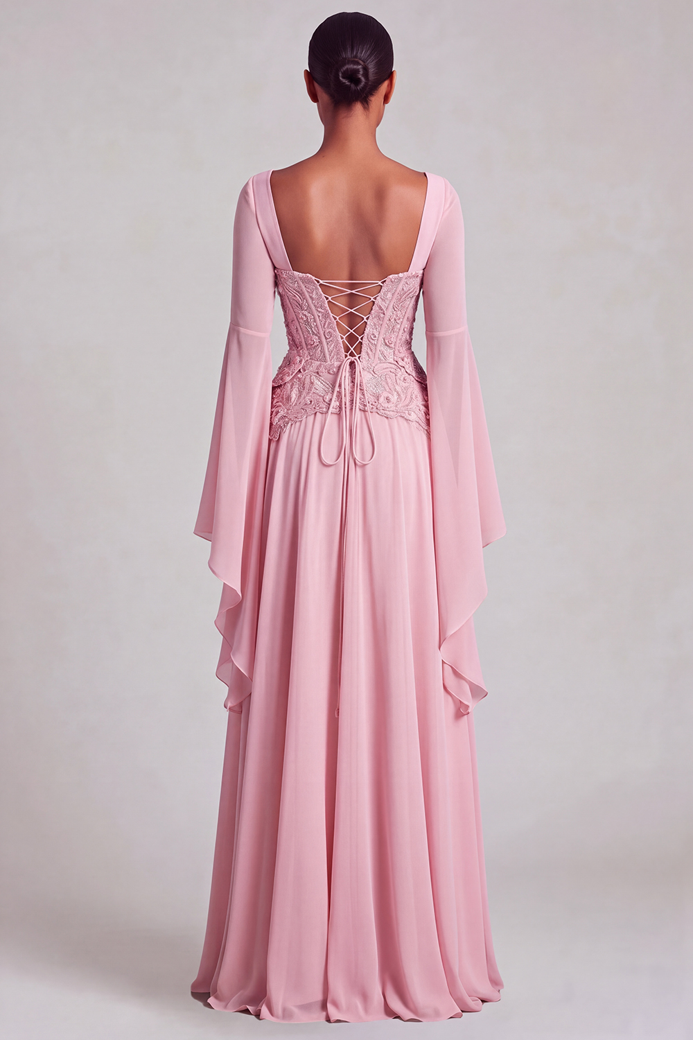 Light Pink Chiffon Square Neck A-Line Floral Long Formal Dress with Sleeves