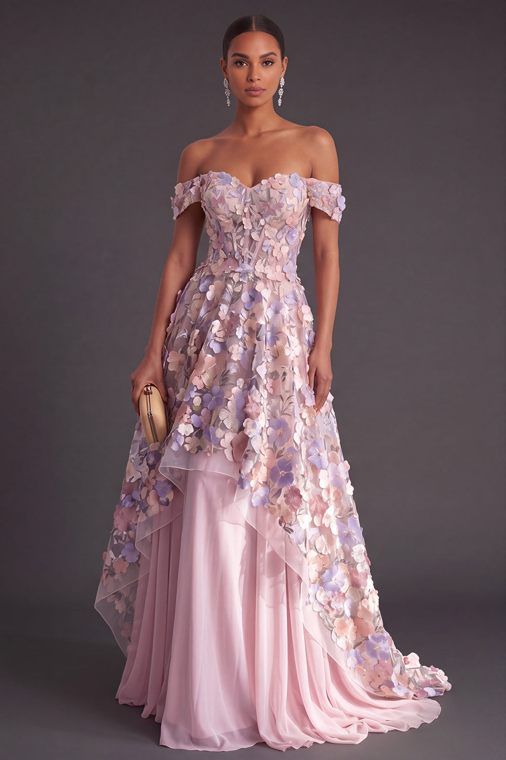 Leely Women Pink Floral Corset Long Appliqued Formal Dress Off the Shoulder A-Line Prom Dress
