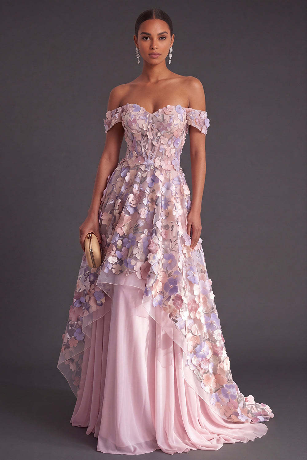 Leely Women Pink Floral Corset Long Appliqued Formal Dress Off the Shoulder A-Line Prom Dress