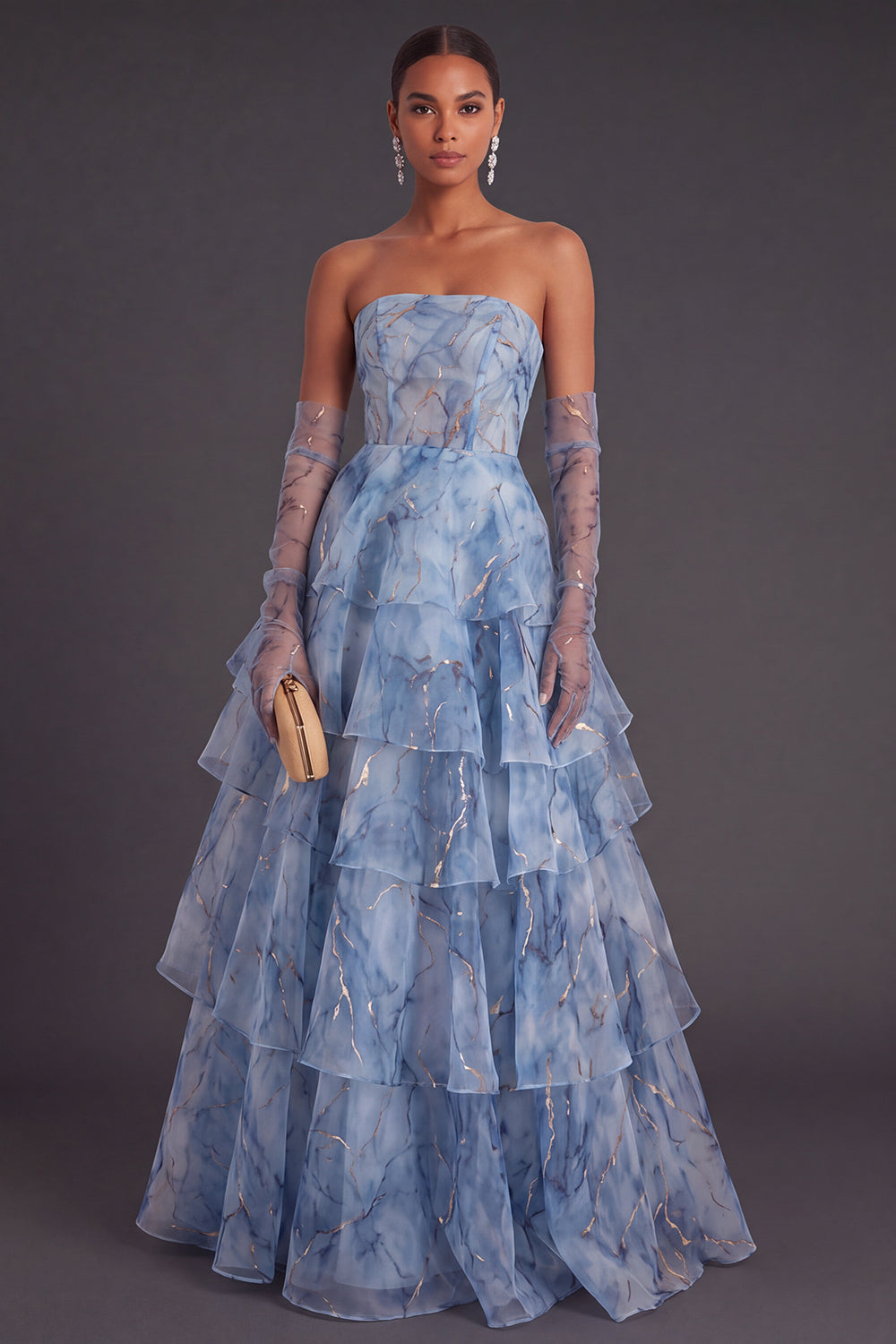 Leely Women Dusty Blue Corset Long Ruffled Formal Dress Tiered Strapless A-Line Prom Dress