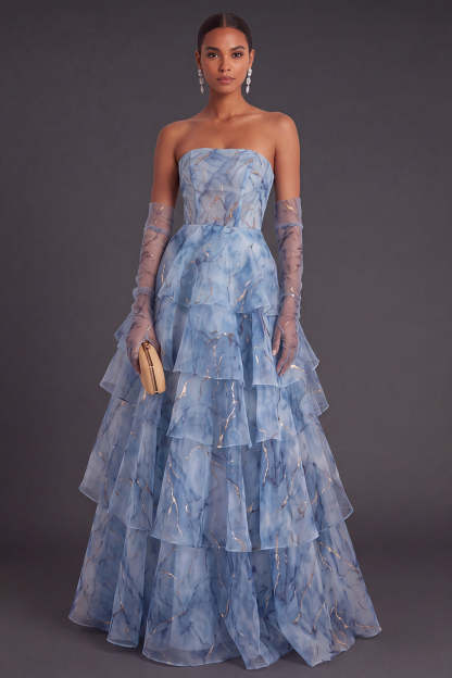 Leely Women Dusty Blue Corset Long Ruffled Formal Dress Tiered Strapless A-Line Prom Dress