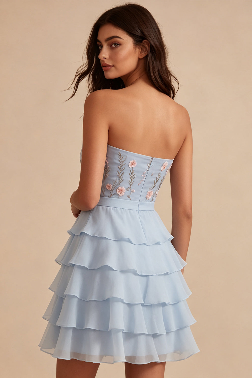Sky Blue Floral Ruffled Tiered Strapless A-Line Short Homecoming Dress with Bow