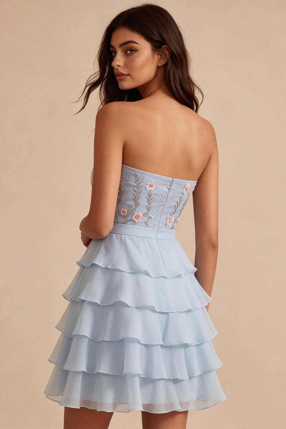 Sky Blue Floral Ruffled Tiered Strapless A-Line Short Homecoming Dress with Bow
