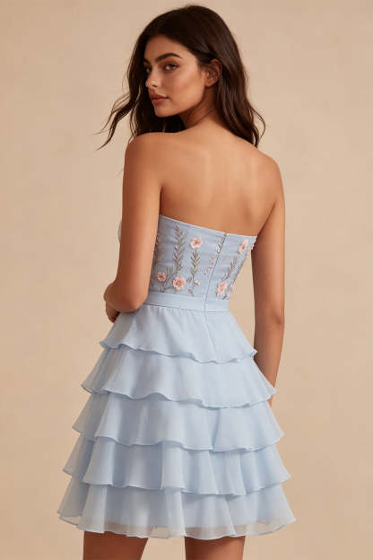 Sky Blue Floral Ruffled Tiered Strapless A-Line Short Homecoming Dress with Bow