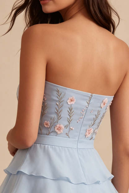 Sky Blue Floral Ruffled Tiered Strapless A-Line Short Homecoming Dress with Bow