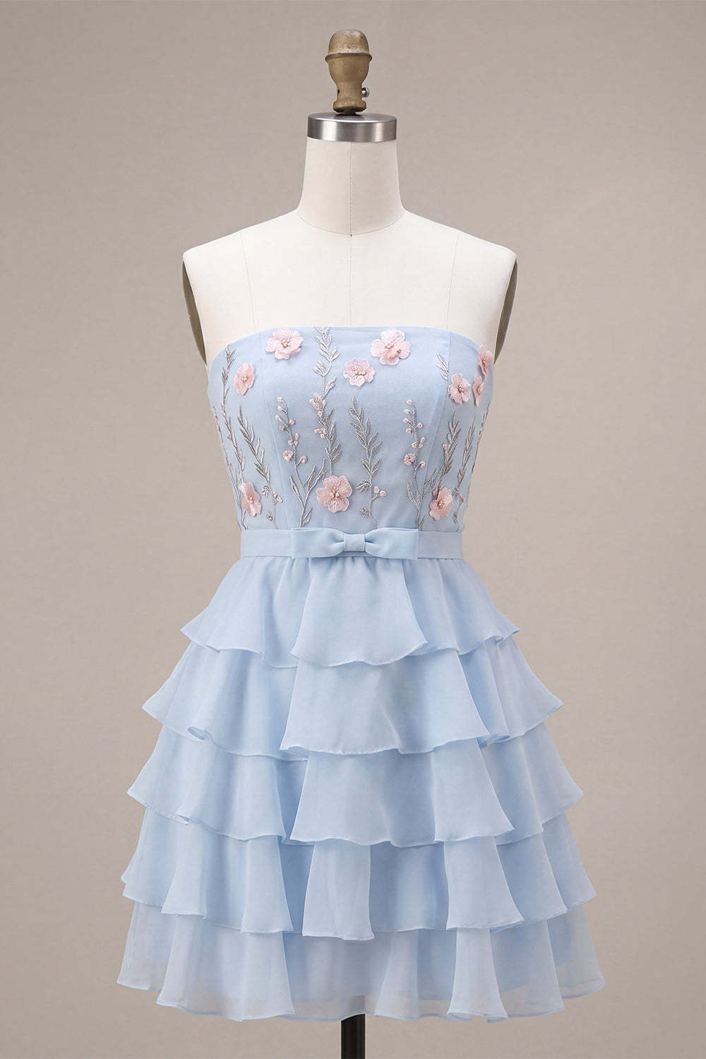 Sky Blue Floral Ruffled Tiered Strapless A-Line Short Homecoming Dress with Bow