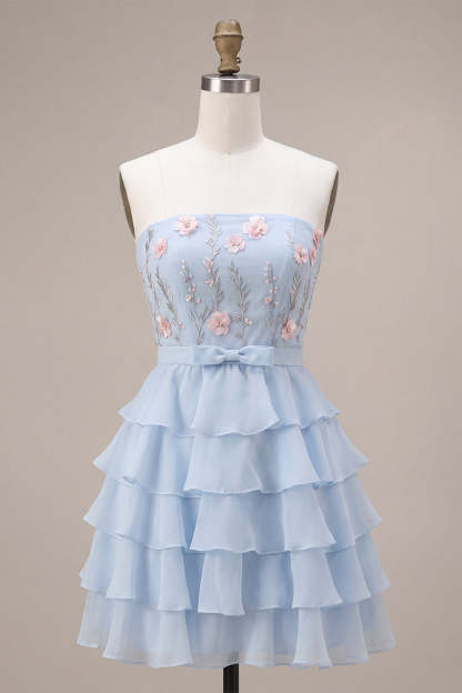 Sky Blue Floral Ruffled Tiered Strapless A-Line Short Homecoming Dress with Bow