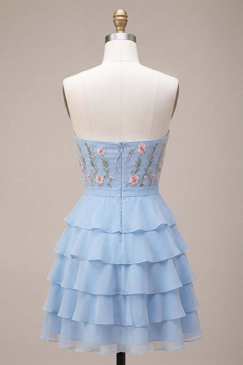 Sky Blue Floral Ruffled Tiered Strapless A-Line Short Homecoming Dress with Bow