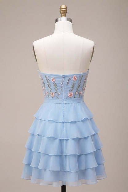 Sky Blue Floral Ruffled Tiered Strapless A-Line Short Homecoming Dress with Bow