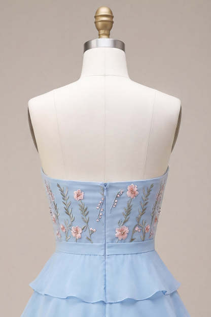 Sky Blue Floral Ruffled Tiered Strapless A-Line Short Homecoming Dress with Bow