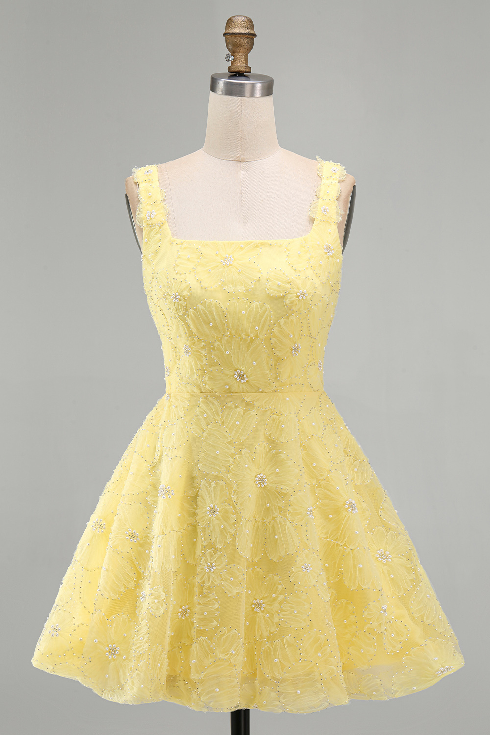 Light Yellow Sparkly Beaded Floral Thick Straps A-Line Short Homecoming Dress