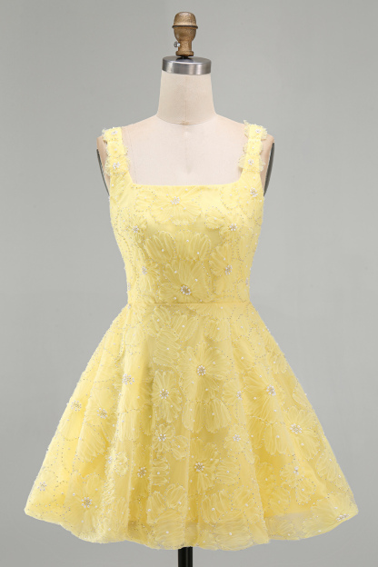 Light Yellow Sparkly Beaded Floral Thick Straps A-Line Short Homecoming Dress