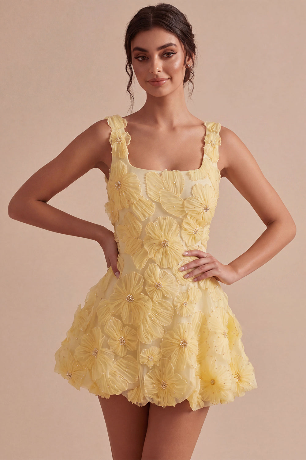 Light Yellow Sparkly Beaded Floral Thick Straps A-Line Short Homecoming Dress