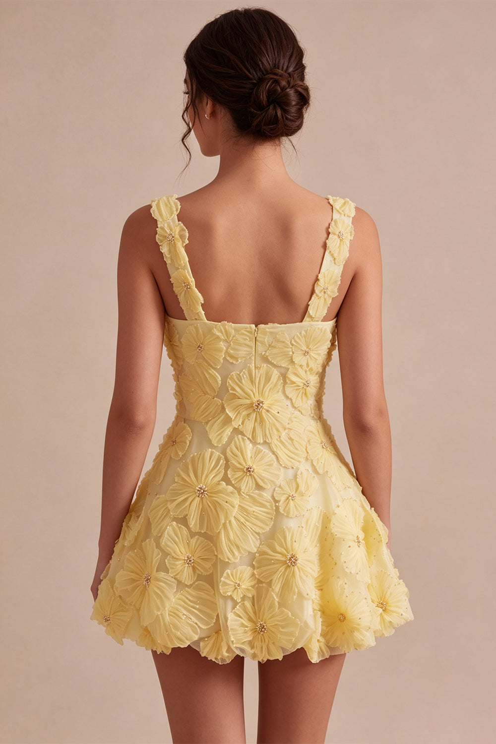 Light Yellow Sparkly Beaded Floral Thick Straps A-Line Short Homecoming Dress