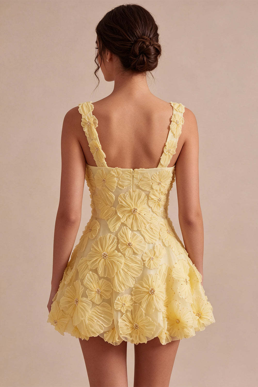 Light Yellow Sparkly Beaded Floral Thick Straps A-Line Short Homecoming Dress