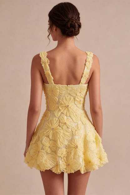 Light Yellow Sparkly Beaded Floral Thick Straps A-Line Short Homecoming Dress