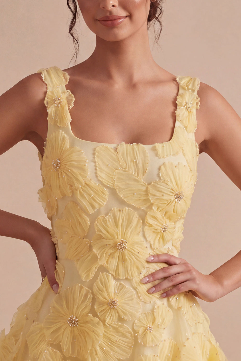 Light Yellow Sparkly Beaded Floral Thick Straps A-Line Short Homecoming Dress