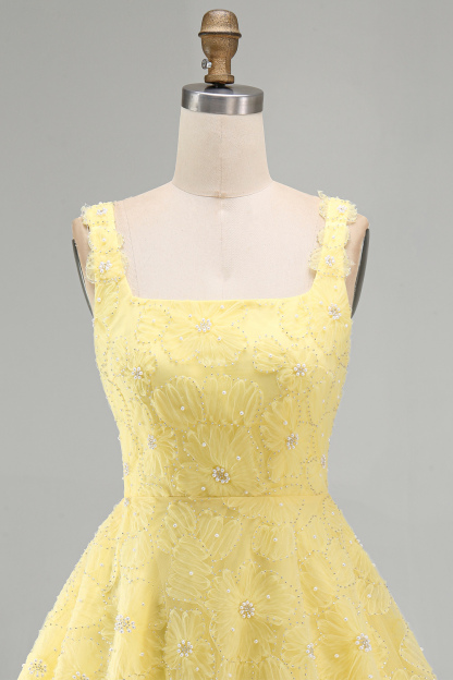 Light Yellow Sparkly Beaded Floral Thick Straps A-Line Short Homecoming Dress