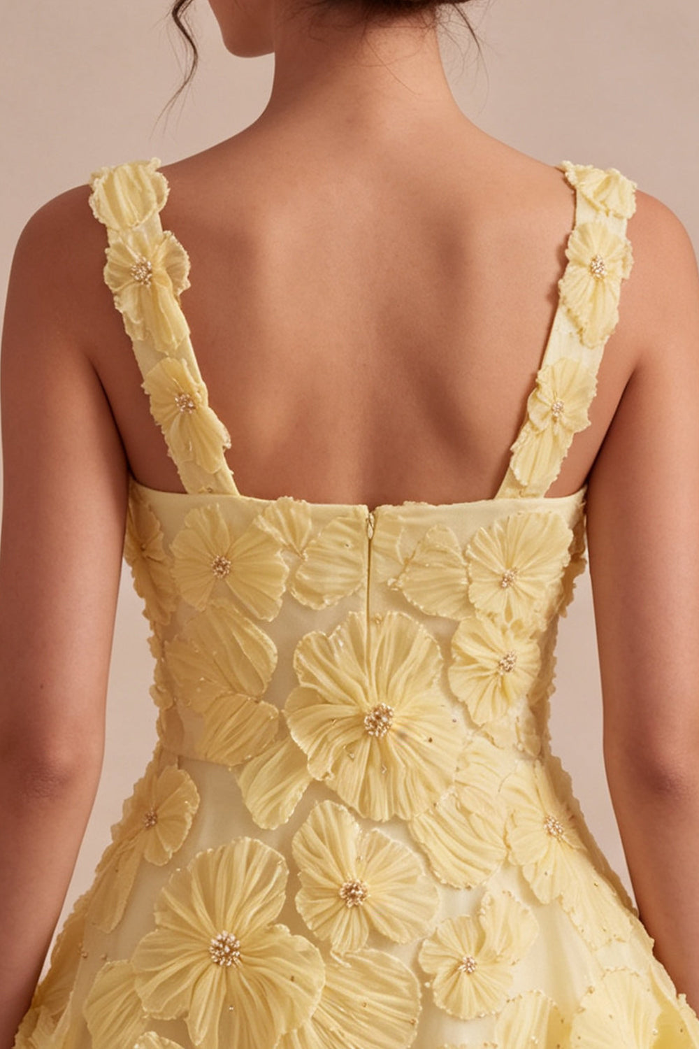 Light Yellow Sparkly Beaded Floral Thick Straps A-Line Short Homecoming Dress