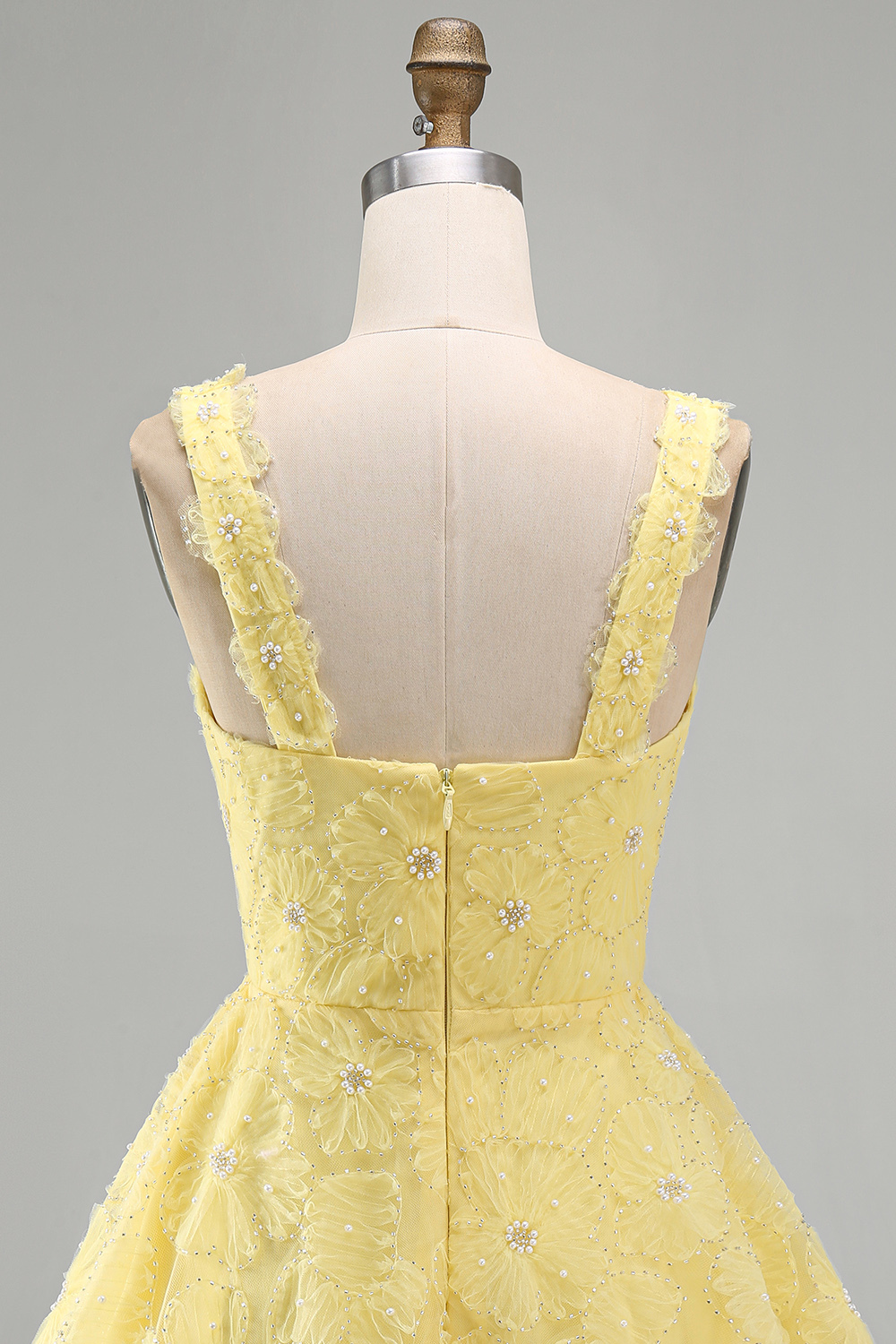 Light Yellow Sparkly Beaded Floral Thick Straps A-Line Short Homecoming Dress