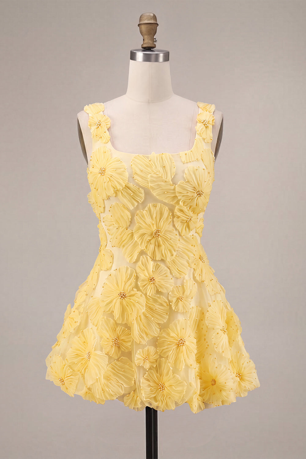 Light Yellow Sparkly Beaded Floral Thick Straps A-Line Short Homecoming Dress