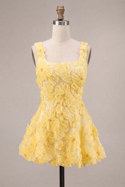 Light Yellow Sparkly Beaded Floral Thick Straps A-Line Short Homecoming Dress