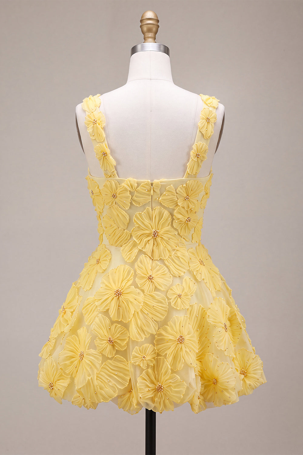 Light Yellow Sparkly Beaded Floral Thick Straps A-Line Short Homecoming Dress