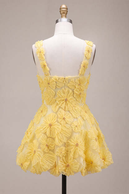 Light Yellow Sparkly Beaded Floral Thick Straps A-Line Short Homecoming Dress