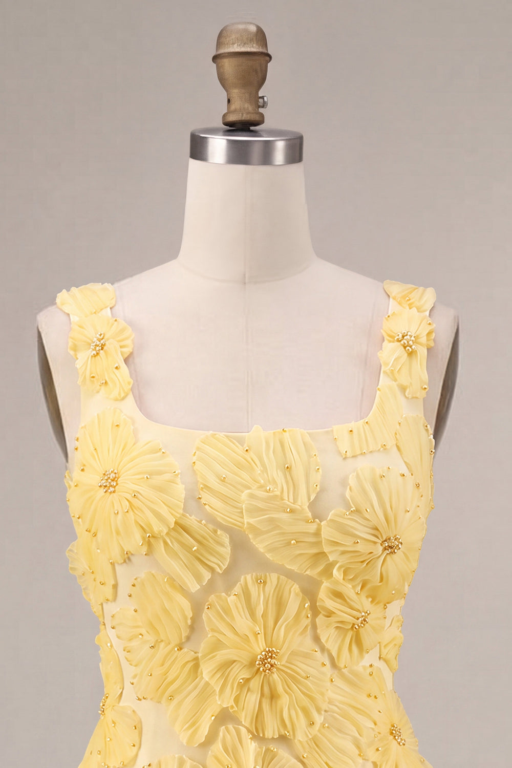 Light Yellow Sparkly Beaded Floral Thick Straps A-Line Short Homecoming Dress