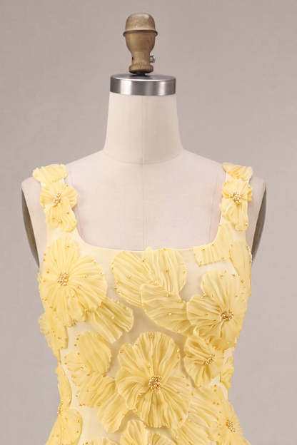 Light Yellow Sparkly Beaded Floral Thick Straps A-Line Short Homecoming Dress