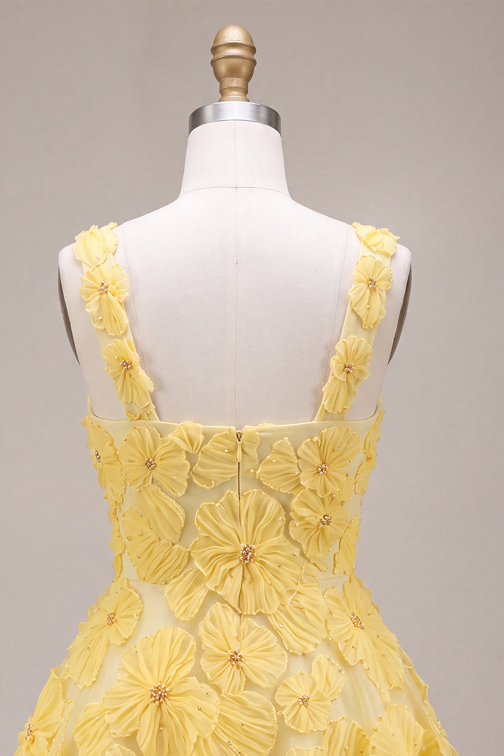 Light Yellow Sparkly Beaded Floral Thick Straps A-Line Short Homecoming Dress