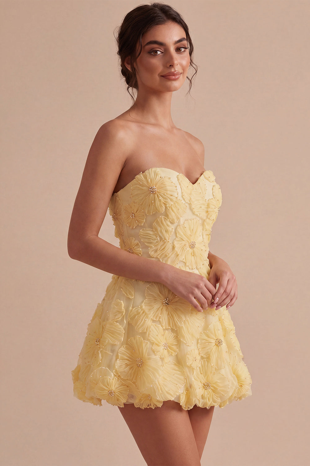 Sparkly Beaded Light Yellow Floral Sweetheart A-Line Short Homecoming Dress