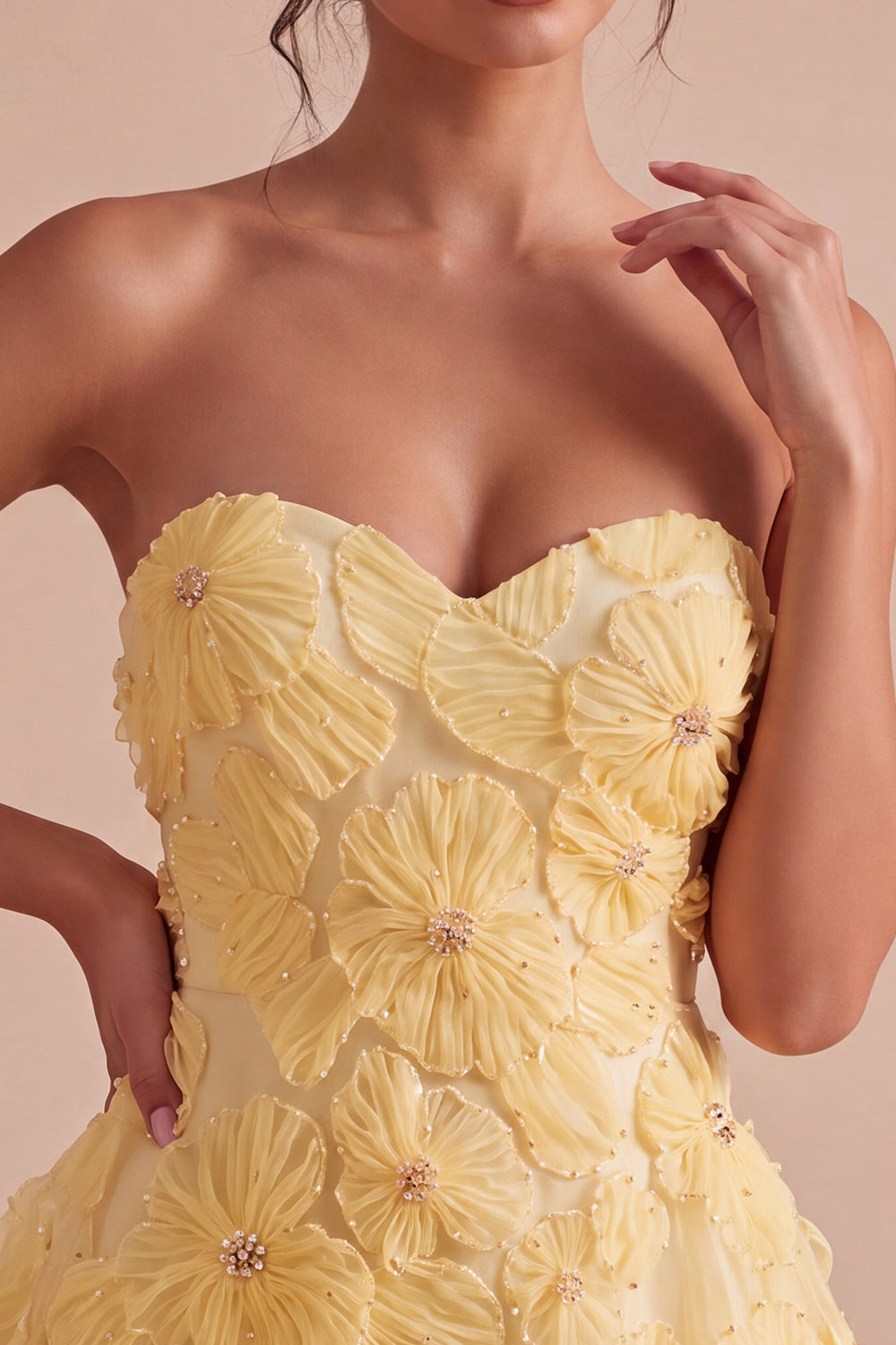 Sparkly Beaded Light Yellow Floral Sweetheart A-Line Short Homecoming Dress